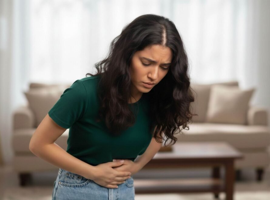 Young woman with short, dark hair, wearing a light purple shirt, clutches her stomach while looking down in pain.