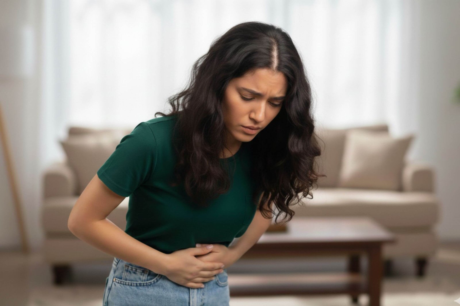Young woman with short, dark hair, wearing a light purple shirt, clutches her stomach while looking down in pain.