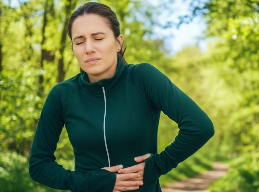 A woman in a green jacket clutches her stomach with a pained expression on a forest path.