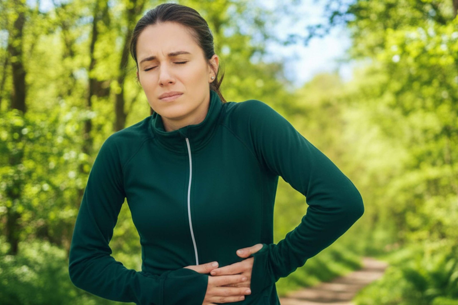 A woman in a green jacket clutches her stomach with a pained expression on a forest path.