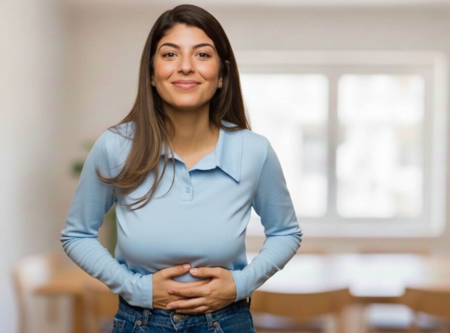 A smiling woman in a light blue long-sleeve polo shirt and jeans holds her hands over her stomach indoors.