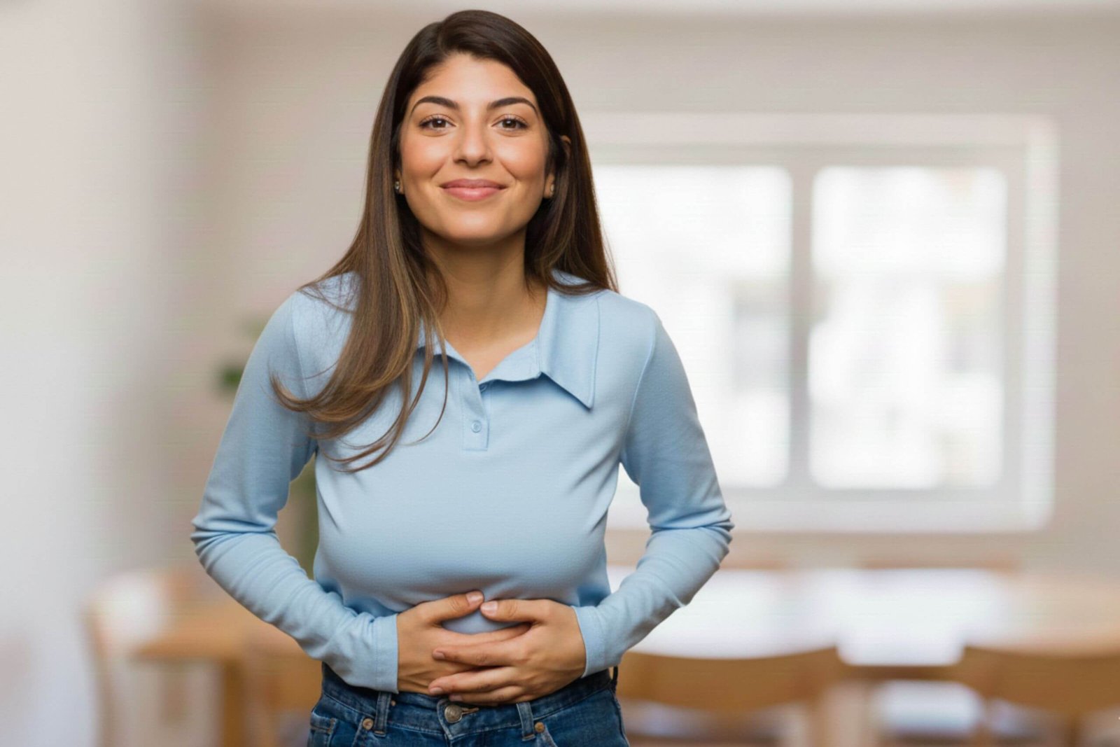 A smiling woman in a light blue long-sleeve polo shirt and jeans holds her hands over her stomach indoors.